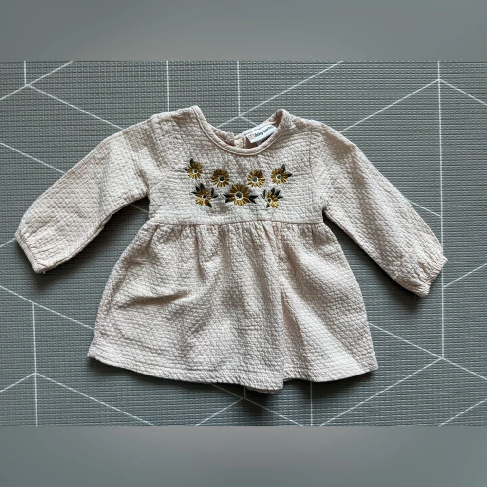 Daisy Fuentes|Baby girl Cream Quilted long sleeve Dress w Sunflower Embroidery•